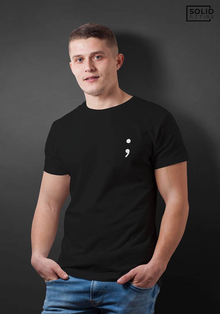 Men's Black Semi colon Graphic Printed T-shirt