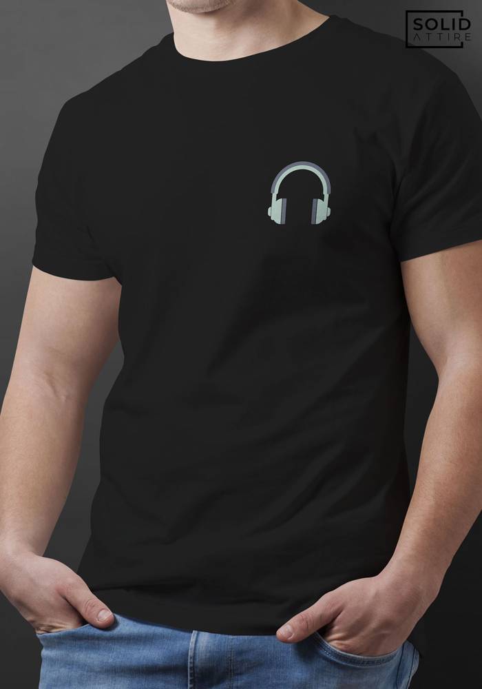 Men's Black Headphone Graphic Printed T-shirt