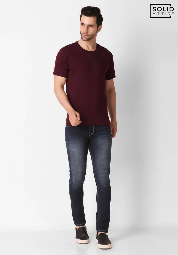 Men's Round Neck Solid Wine T-shirt