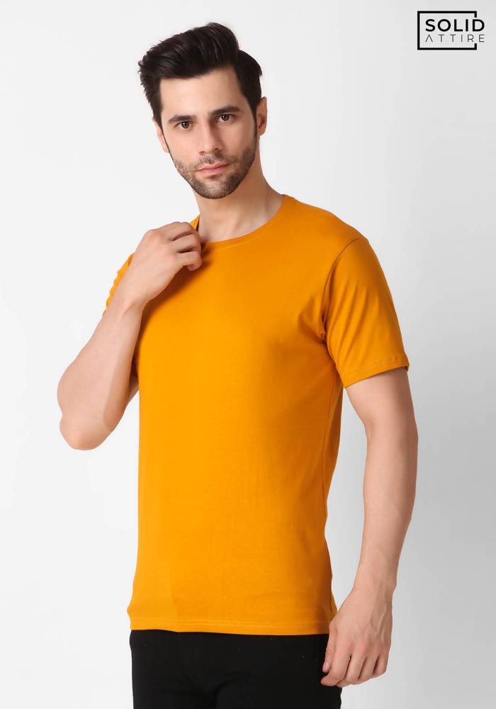Mens Round Neck Solid Mustard T Shirt Solid Attire 1418