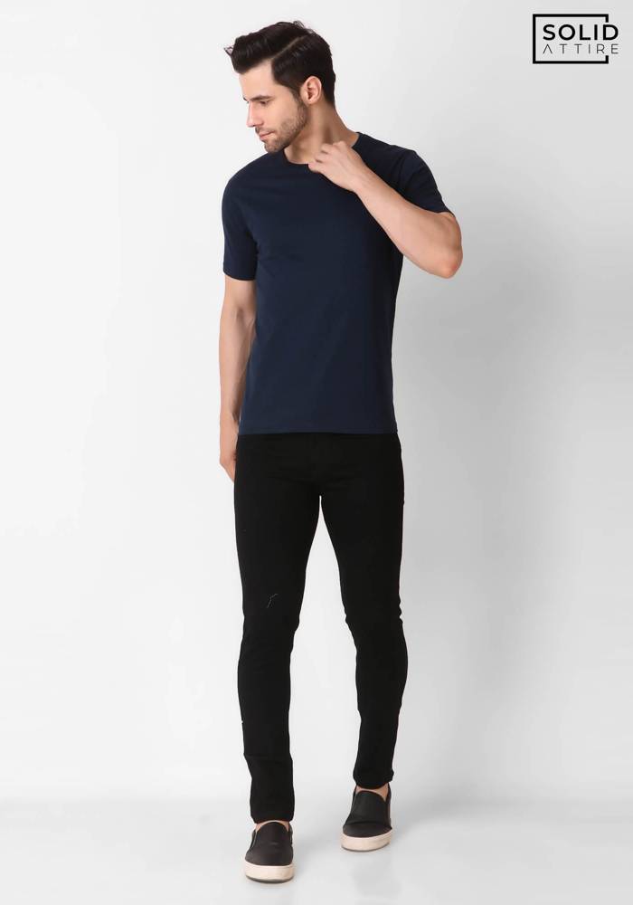 Men's Round Neck Solid Navy Blue T-shirt