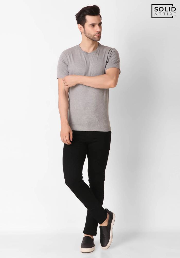 Men's Round Neck Solid Light Grey Melange T-shirt