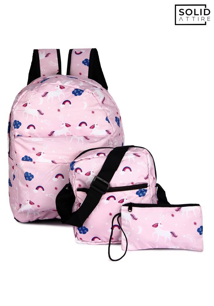 Graphic Printed Waterproof Bag For Boys and Girls | Set Of 3 Bags (Pink)