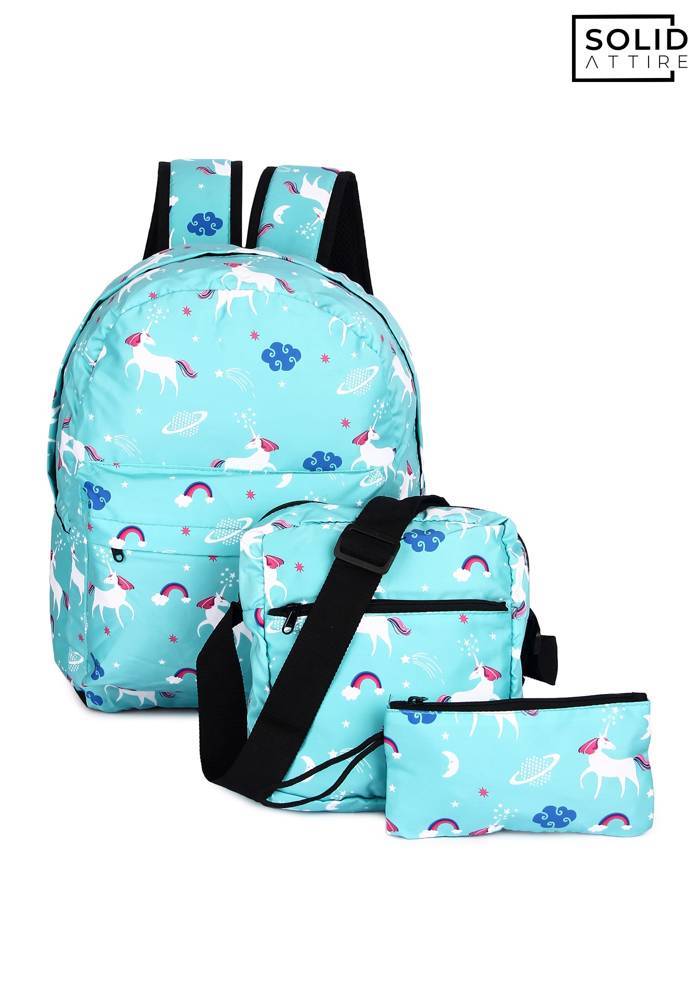 Graphic Printed Waterproof Bag For Boys and Girls | Set Of 3 Bags (Ocean Green)