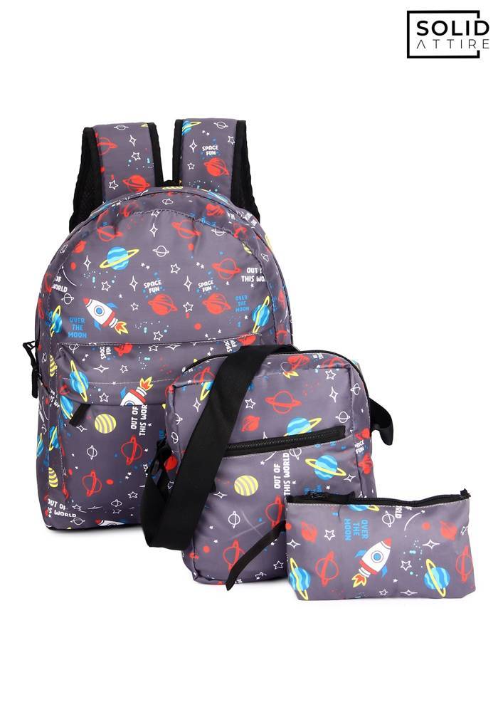 Graphic Printed Waterproof Bag For Boys and Girls | Set Of 3 Bags (Grey)