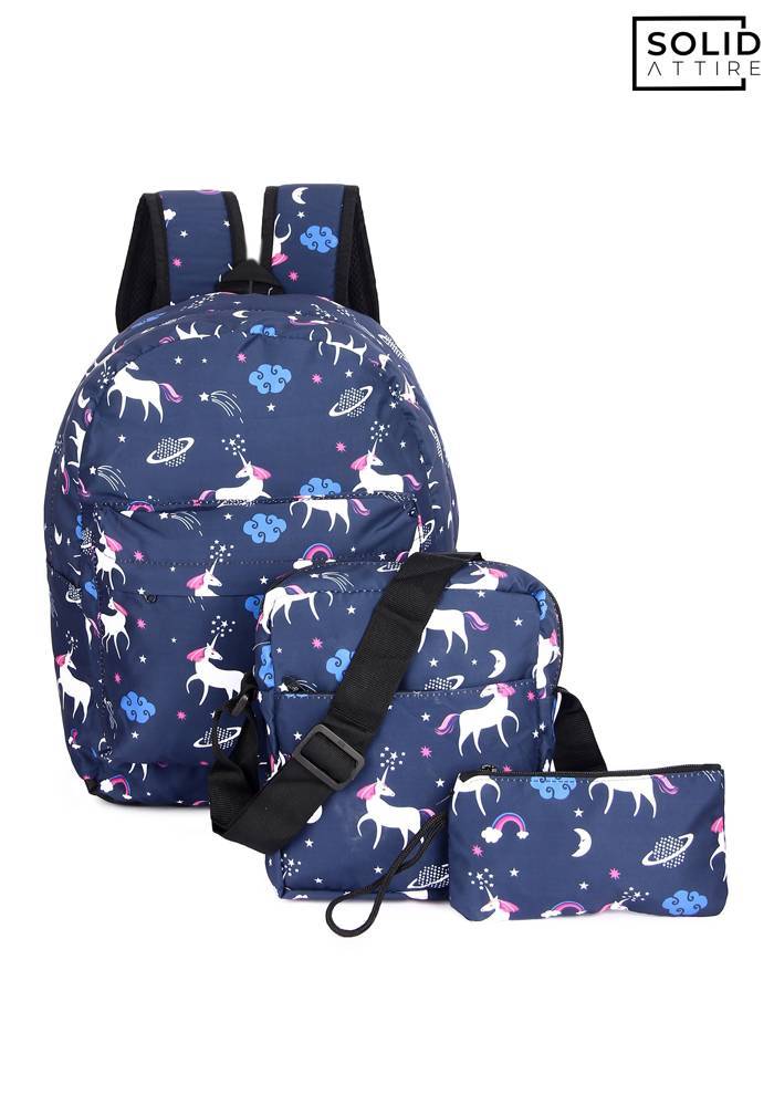 Graphic Printed Waterproof Bag For Boys and Girls | Set Of 3 Bags (Navy Blue)