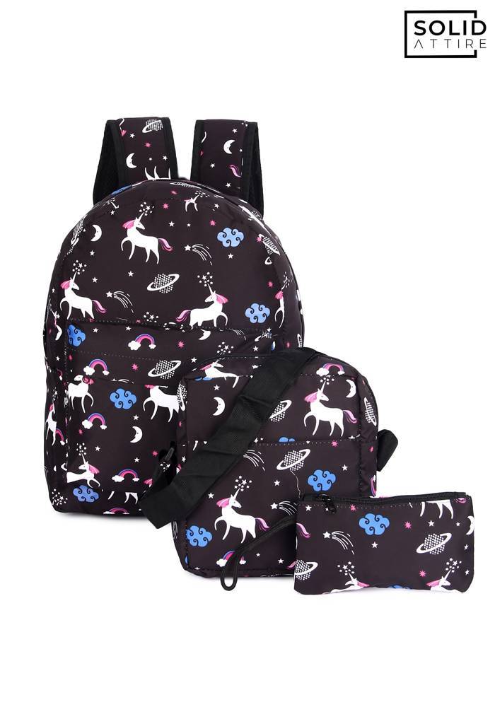 Graphic Printed Waterproof Bag For Boys and Girls | Set Of 3 Bags (Black)