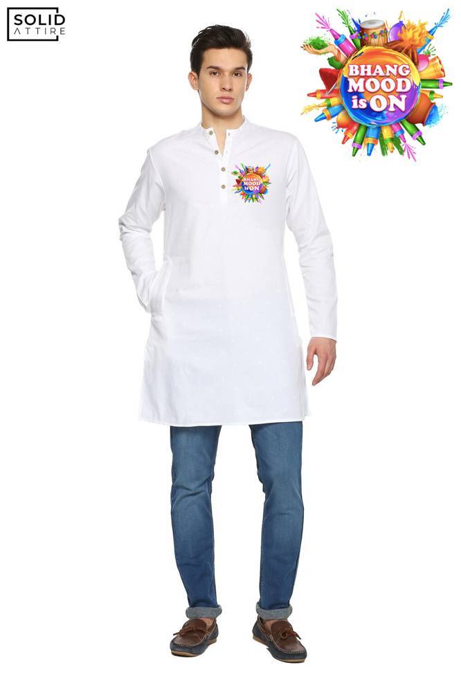 Men's white Bhang Mood On Graphic Printed Holi Kurta