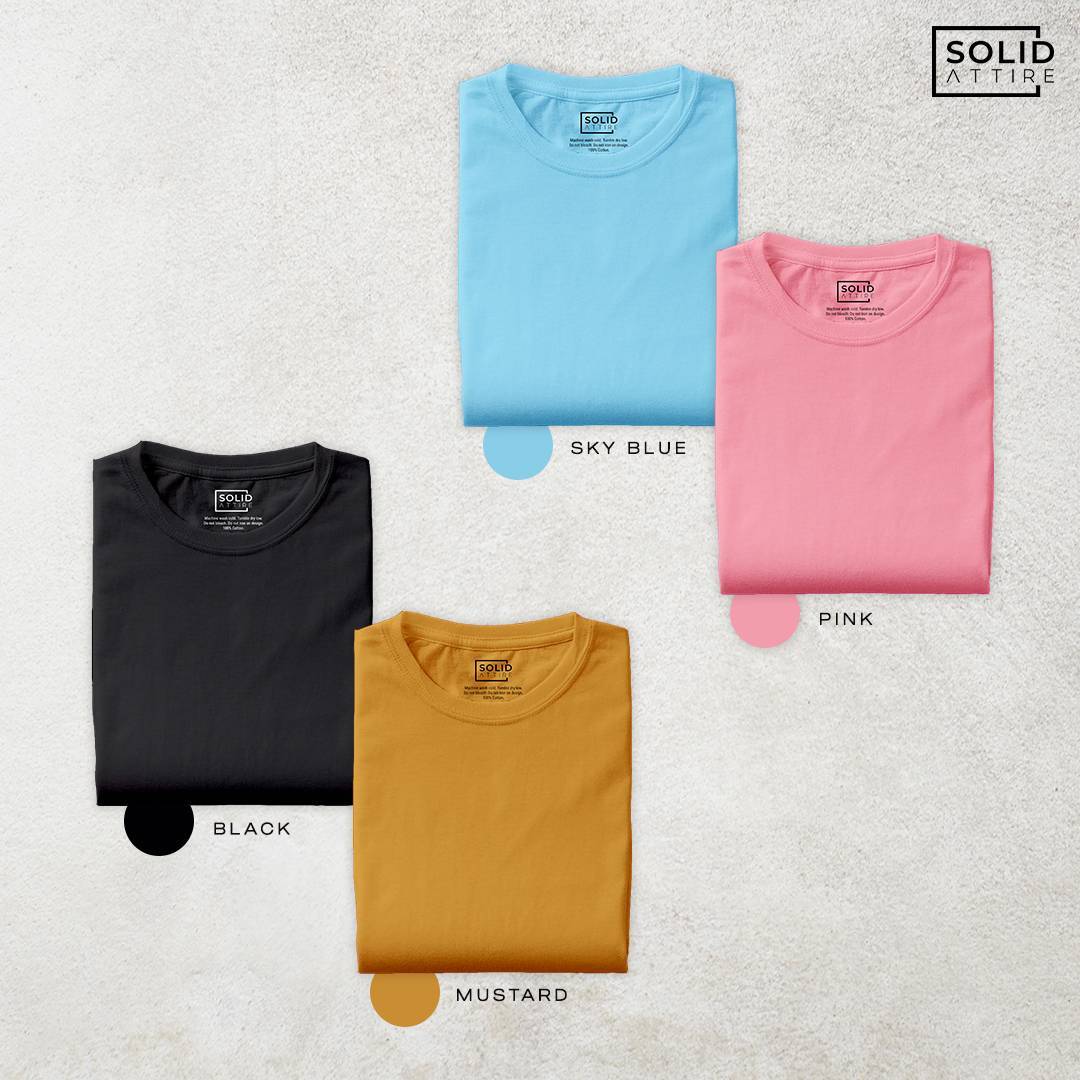 Combo of Black, Mustard, Pink, Sky Blue T-Shirt: Pack Of Four