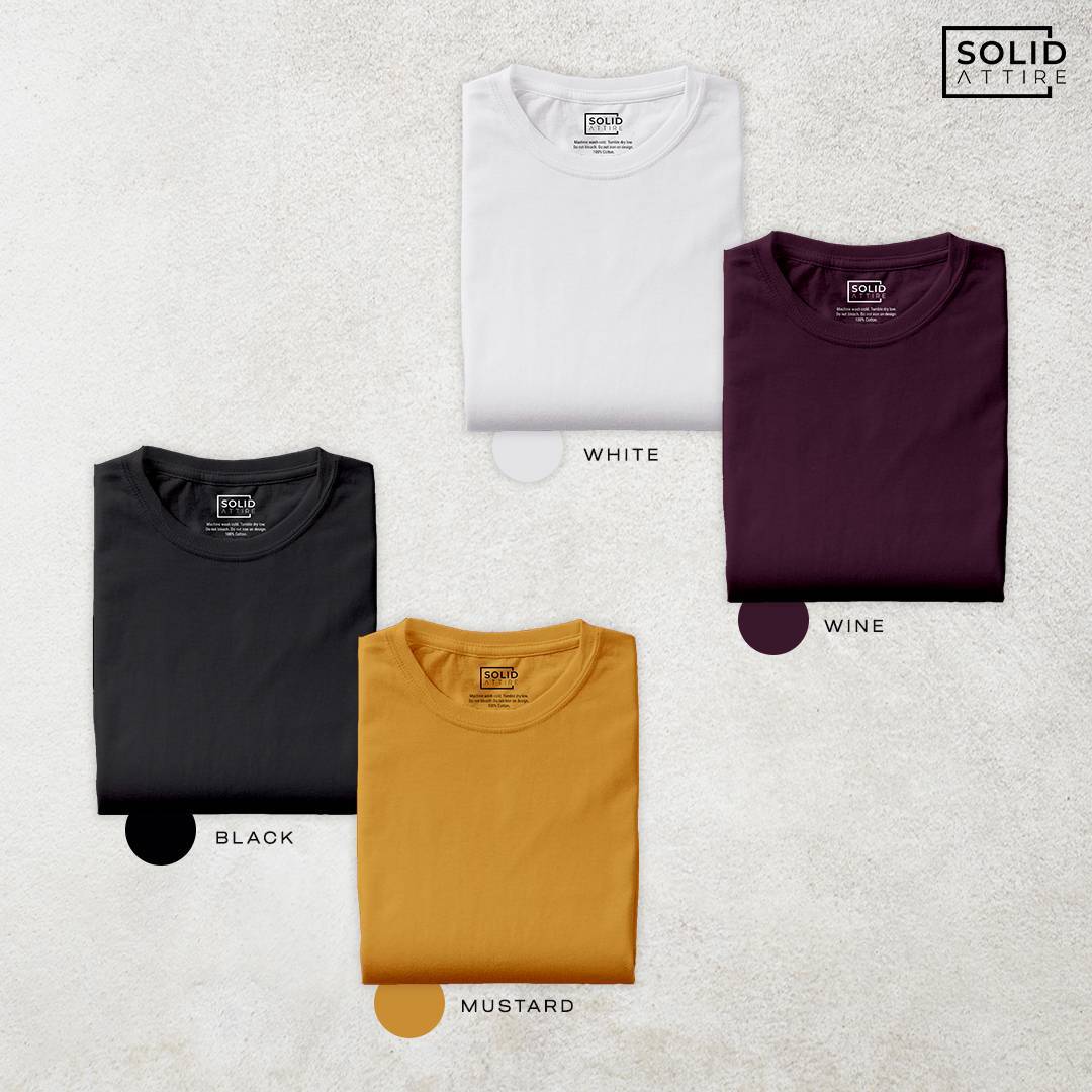 Combo of Black, Mustard, Wine, White T-Shirt: Pack Of Four