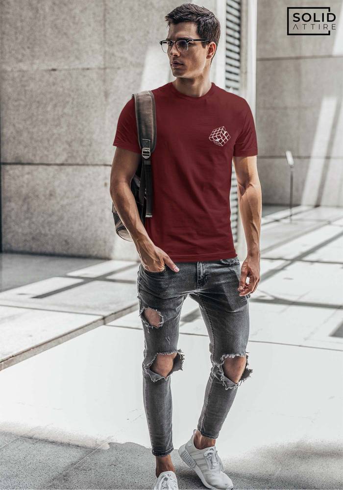 Men's Maroon Rubix Cube Graphic Printed T-Shirt