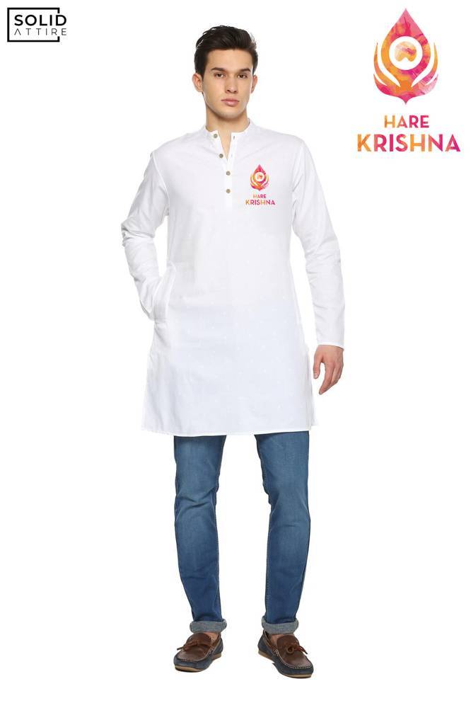 Men's white Hare Krishna Graphic Printed Holi Kurta