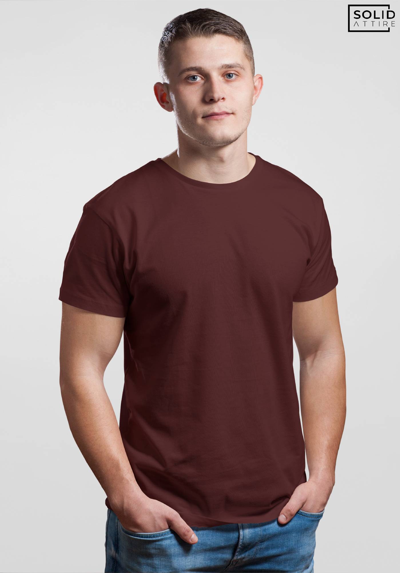 Men's Round Neck Solid Coffee T-shirt