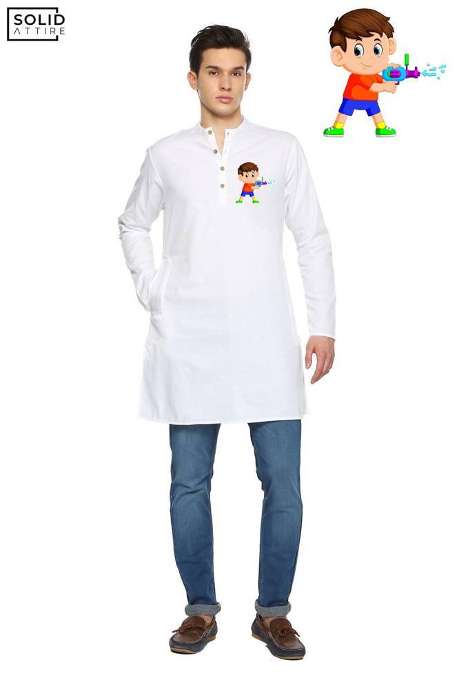 Men's white Kid Pichkari Graphic Printed Holi Kurta