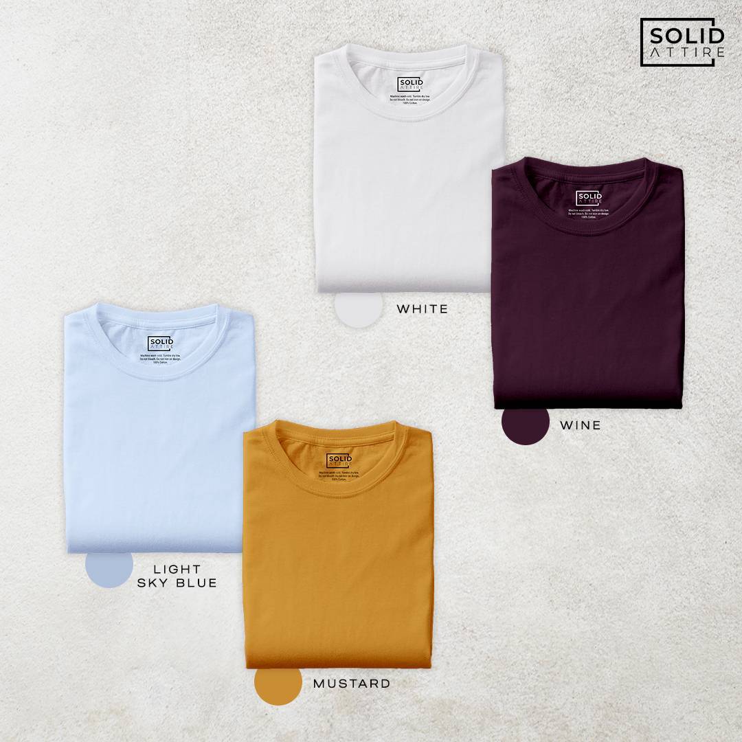 Combo of Light Sky Blue, Mustard, Wine, White T-Shirt: Pack Of Four