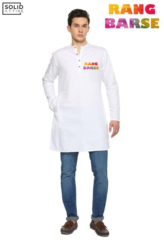 Men's white Rang Barse Graphic Printed Holi Kurta