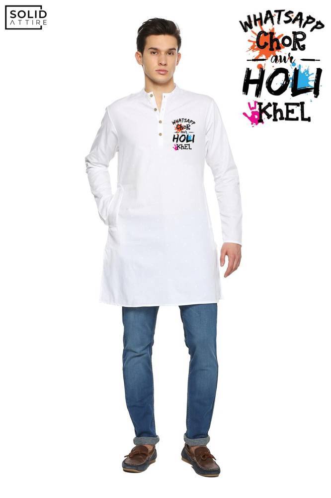 Men's white WhatsApp Chor Holi Khel Graphic Printed Holi Kurta