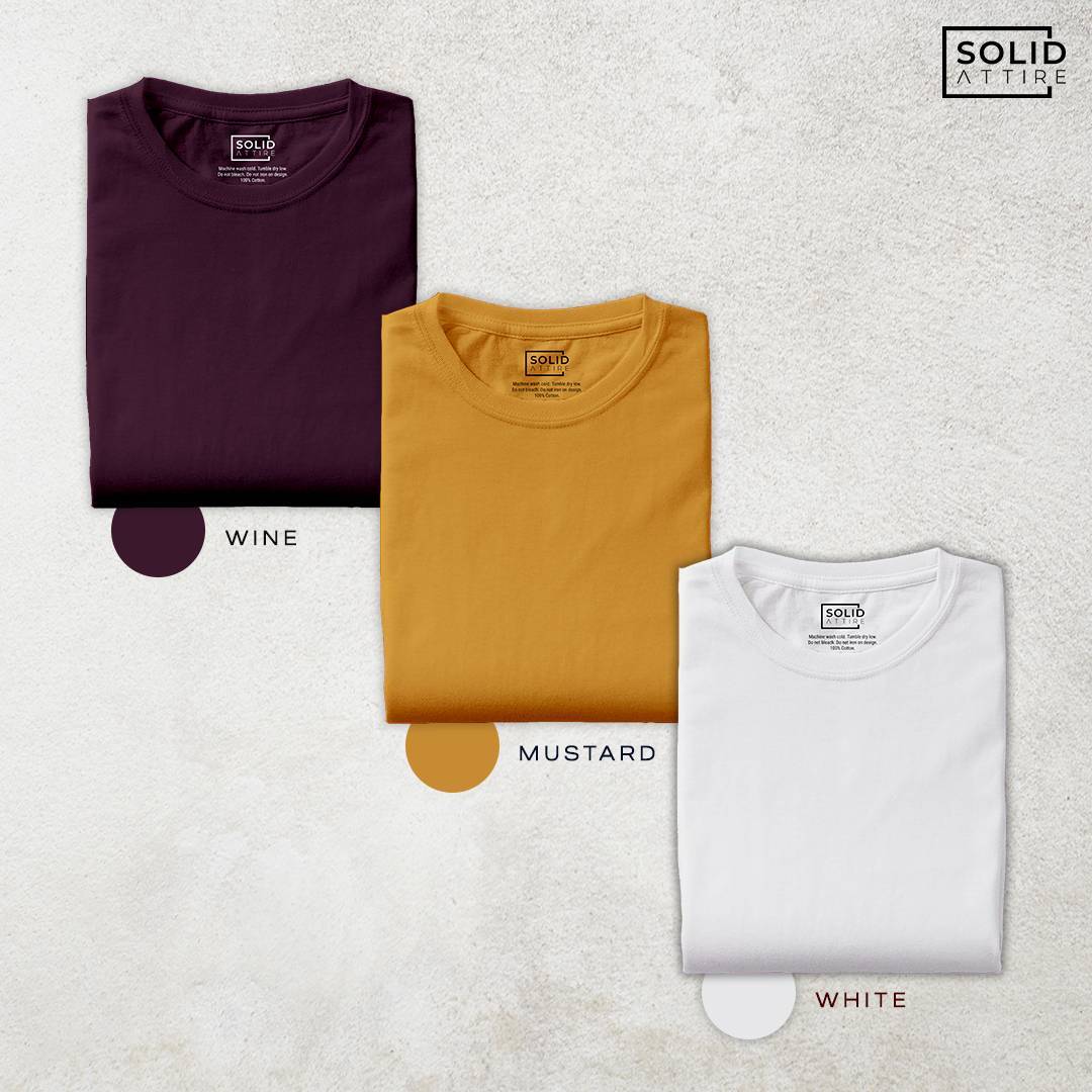 Combo of Wine, Mustard, White T-Shirt: Pack Of Three